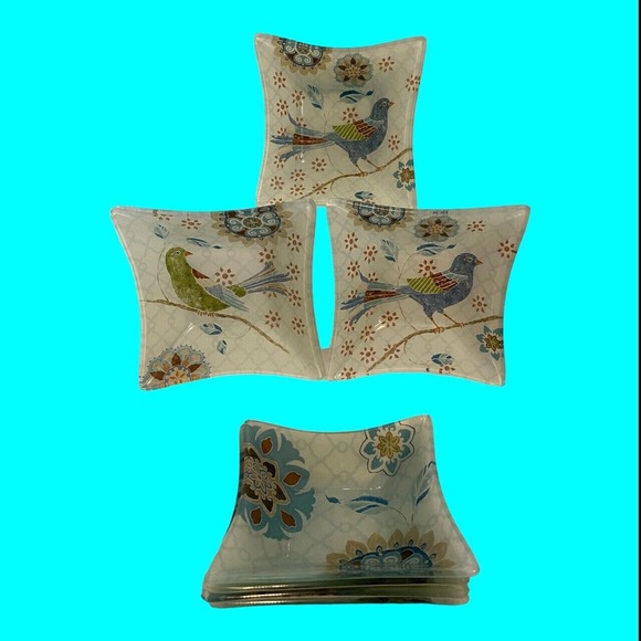 6 Reverse Painted Glass Snack Bowls Abstract Birds Mosaic Design 5" MCM - Picture 7 of 15